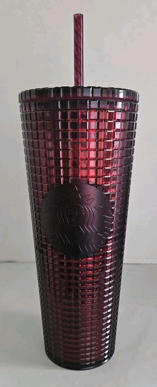 Starbucks Berry Plum Maroon Grid Disco Christmas Holiday New 24oz Cold Cup
